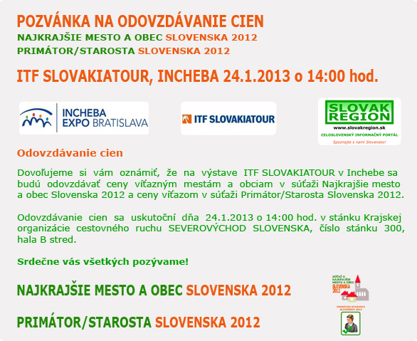 POZVÁNKA NA ODOVZDÁVANIE CIEN - ITF SLOVAKIATOUR, INCHEBA 24.1.2013 o 14:00 hod.